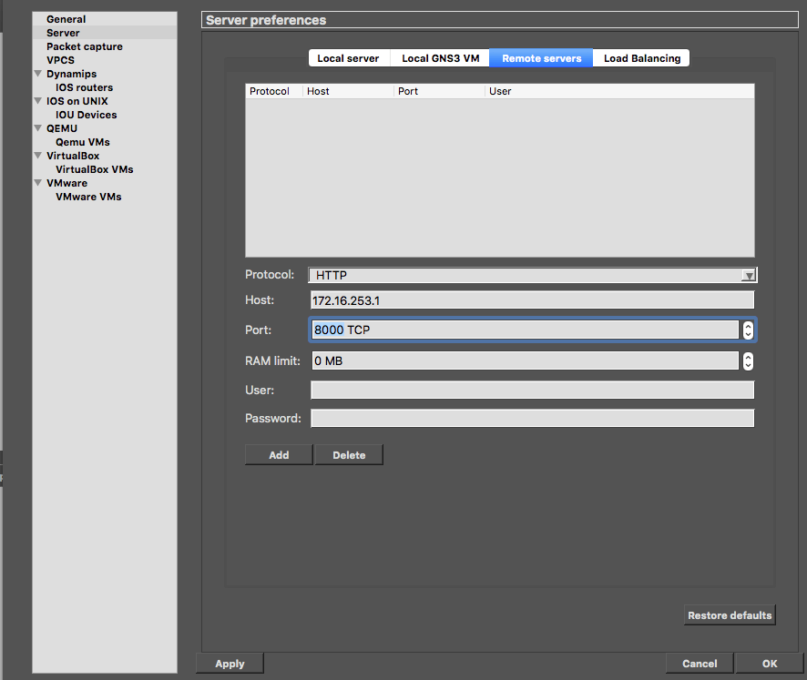 Configure GNS3 to use an additional remote server | GNS3 Documentation
