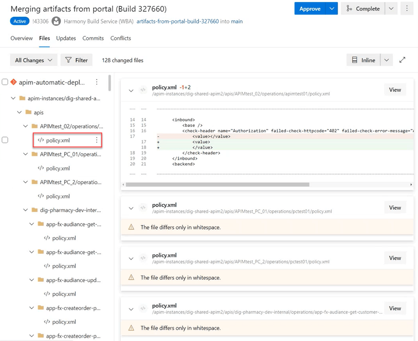 Screenshot of an example pull request that shows changes to content in 'policy.xml' and changes only to whitespace in other files.