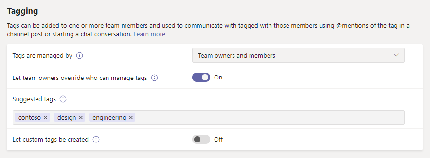 Screenshot of tagging settings in the Microsoft Teams admin center