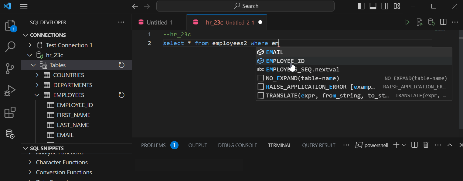 Using the sql worksheet