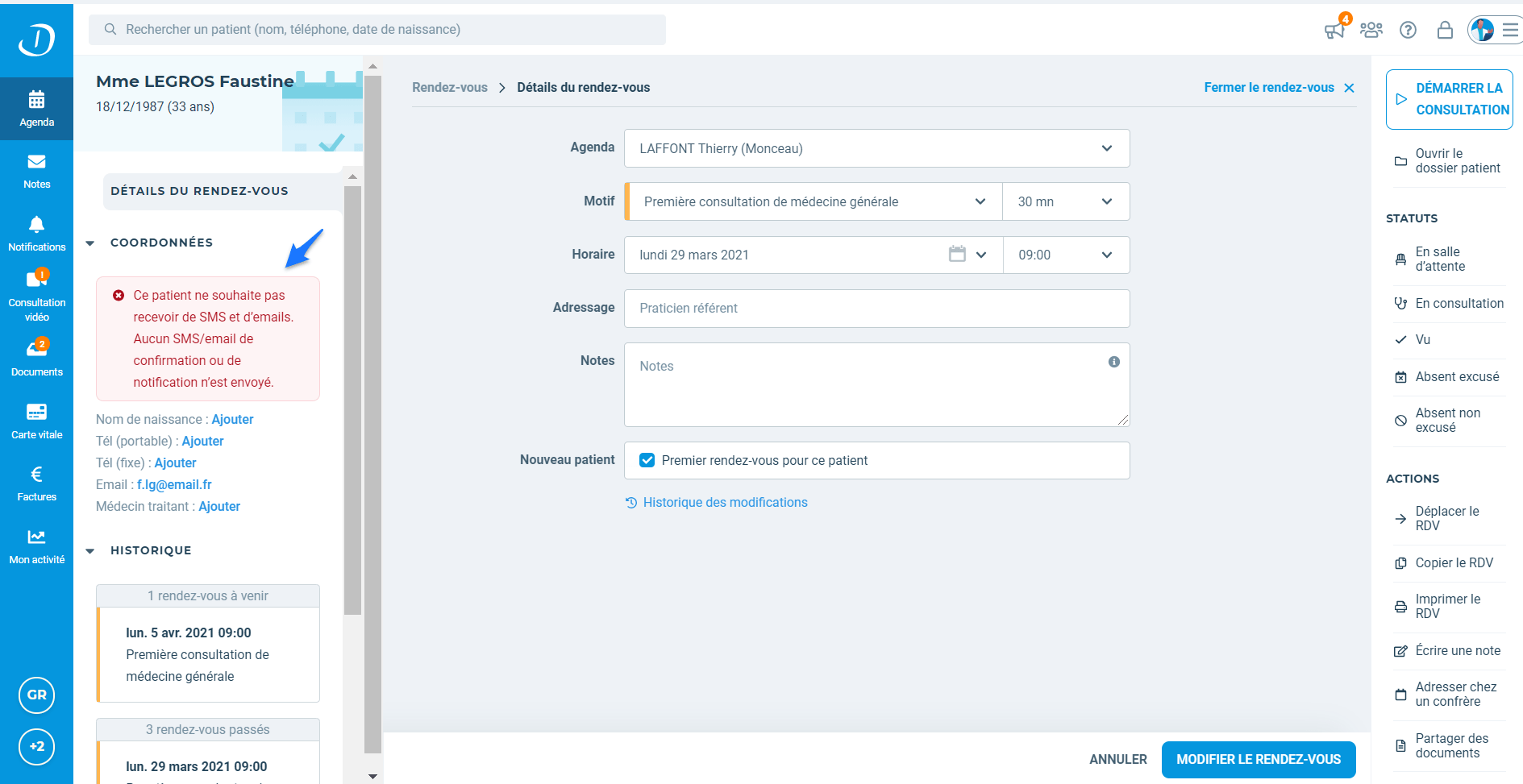 Activer ou désactiver l&rsquo;envoi des notifications à vos patients (SMS et/ou  emails) – Rubrique d&rsquo;aide