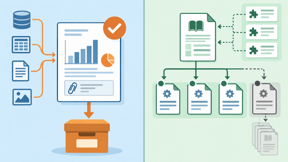 Comparison of an immutable report snapshot and maintained technical documentation with supported versions