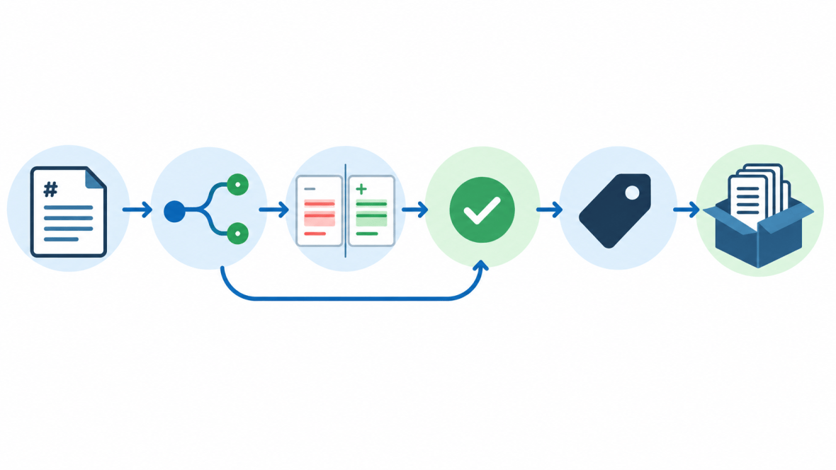 Markdown documentation release workflow from source file through review branch to release tag