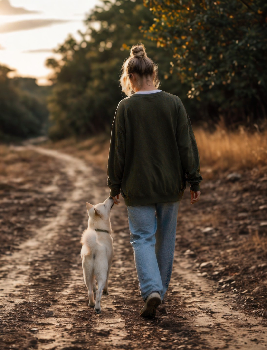 Madeleine mit Hund auf einem Weg