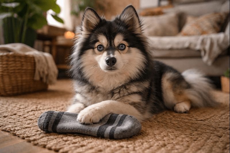 Dog gently holding a random household item in its mouth, highlighting the curious behavior behind why dogs hold onto random objects.