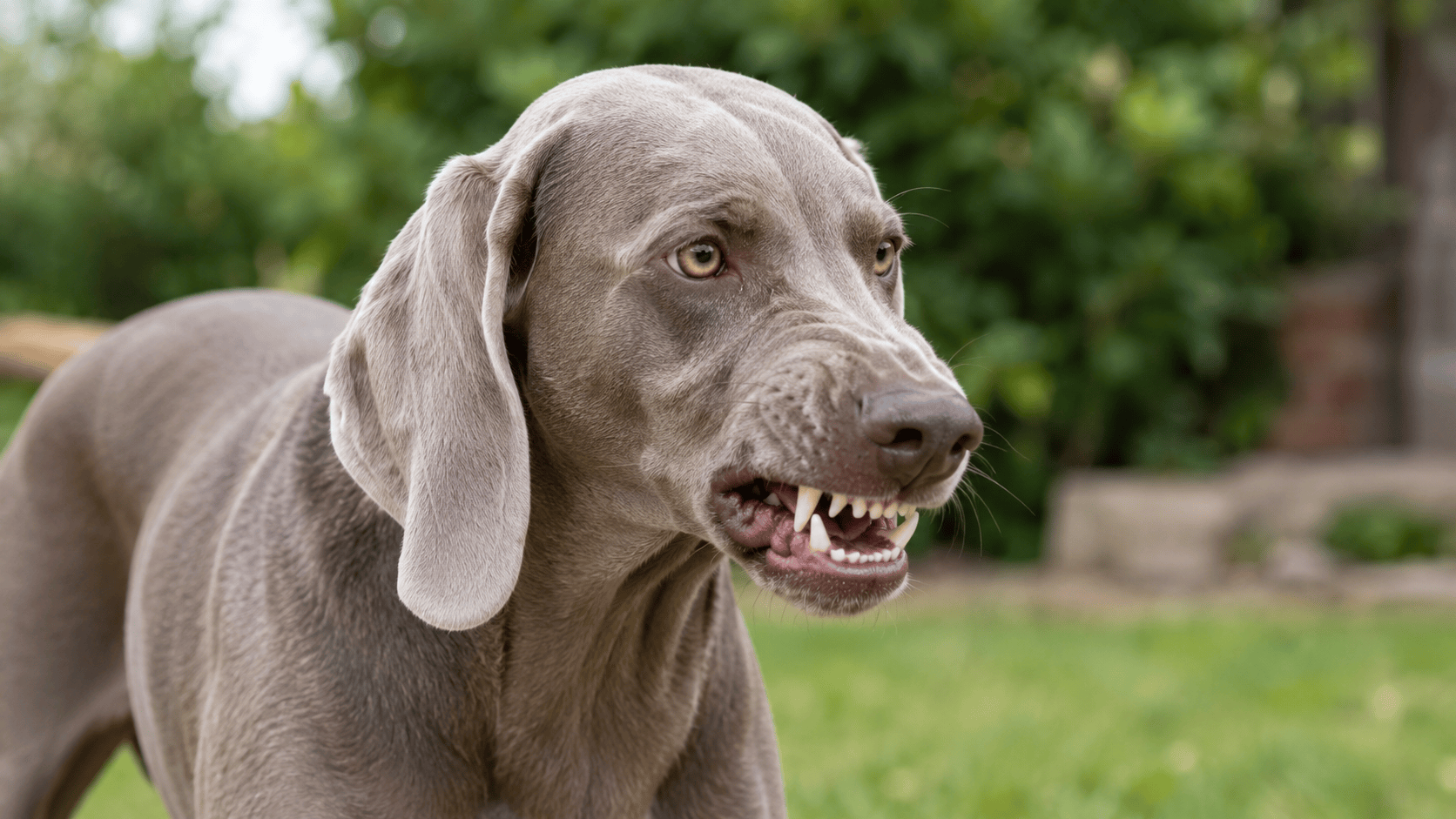 Gray Weimaraner baring its teeth with a tense expression while standing outdoors.