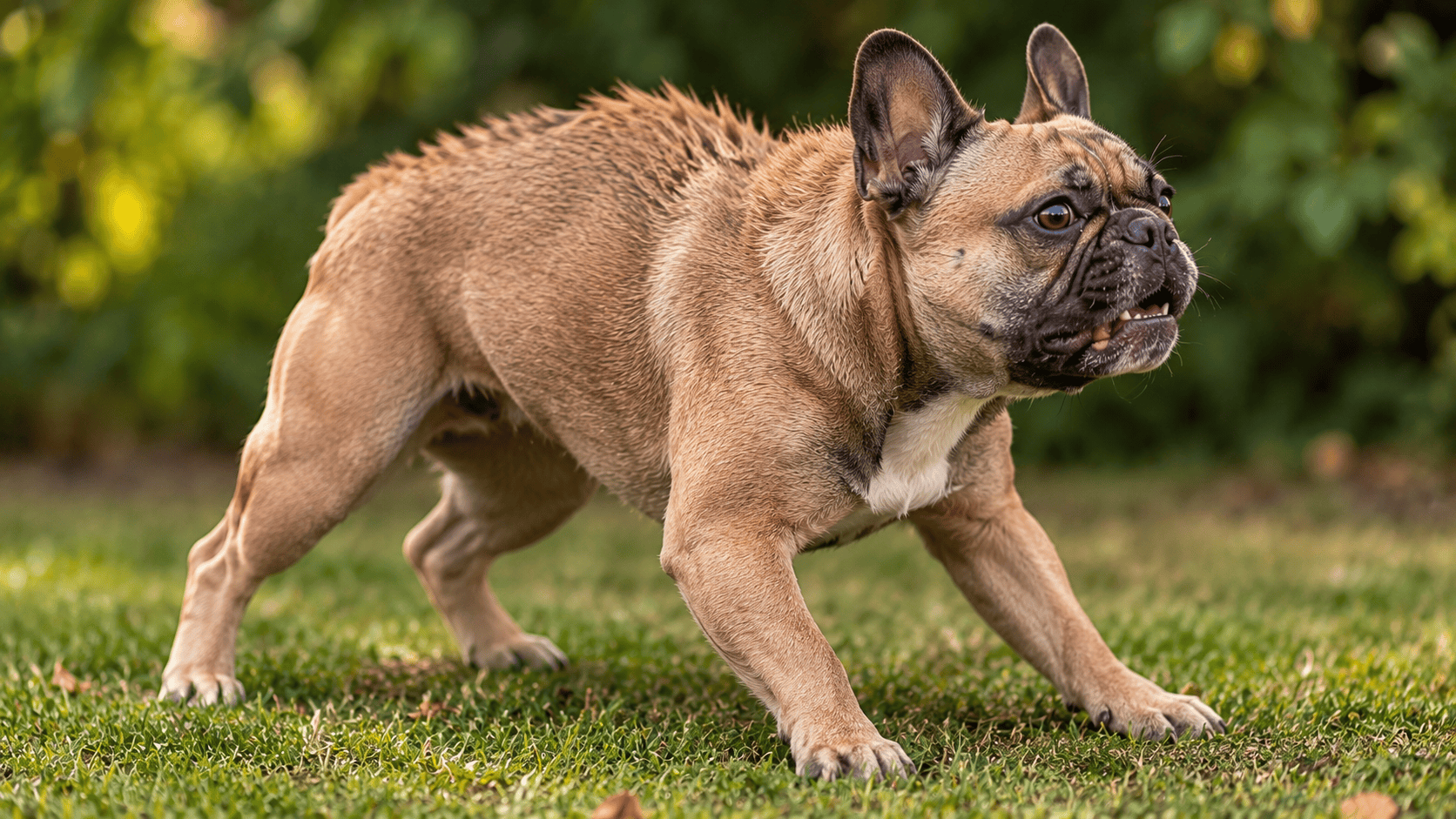 French Bulldog standing on grass with raised hackles along its back, showing an alert, tense body posture.