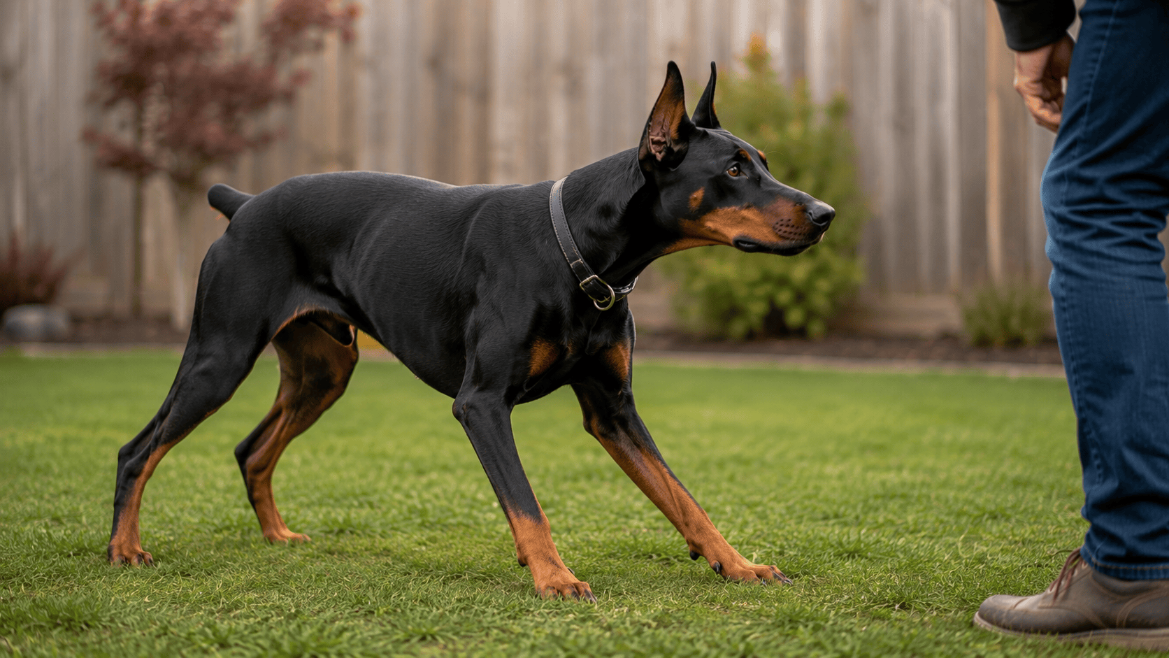 Doberman leaning its body weight forward with a focused, alert posture while watching its owner in a backyard.