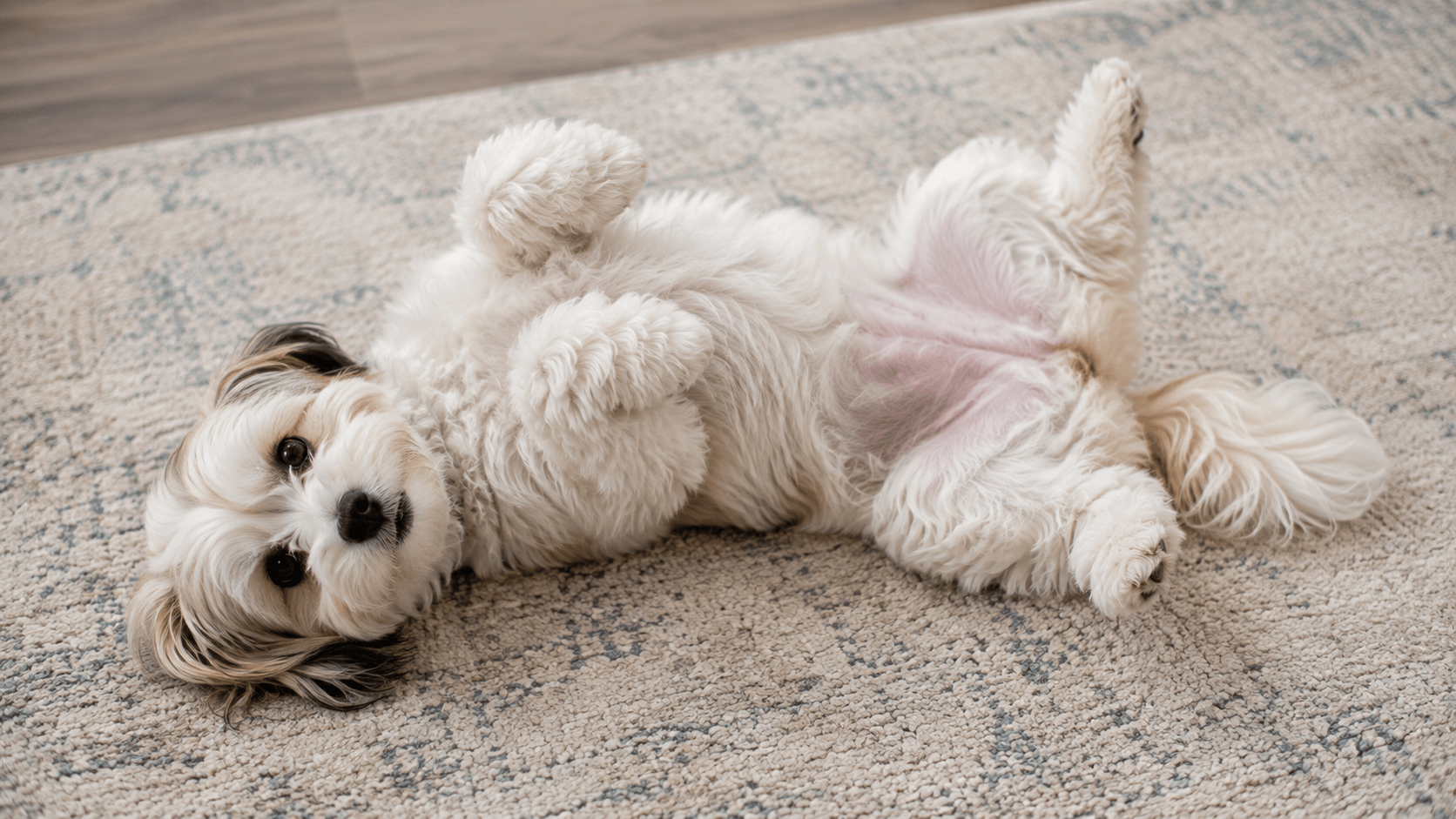 Havanese lying on its back on a soft rug with its belly exposed and paws raised in a relaxed, playful posture.