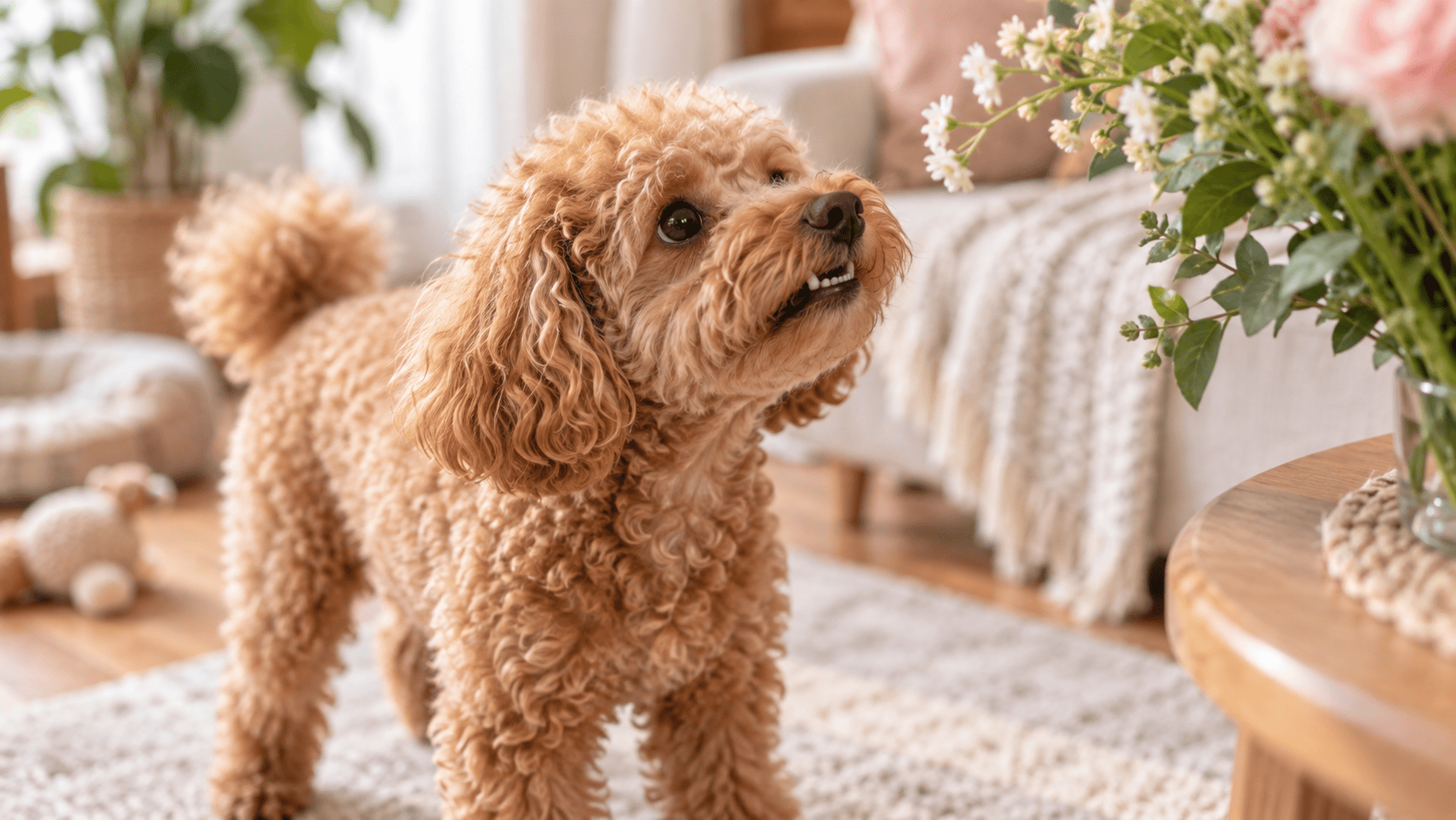 Toy poodle with its mouth slightly open and teeth visible while curiously sniffing a bouquet of flowers indoors.