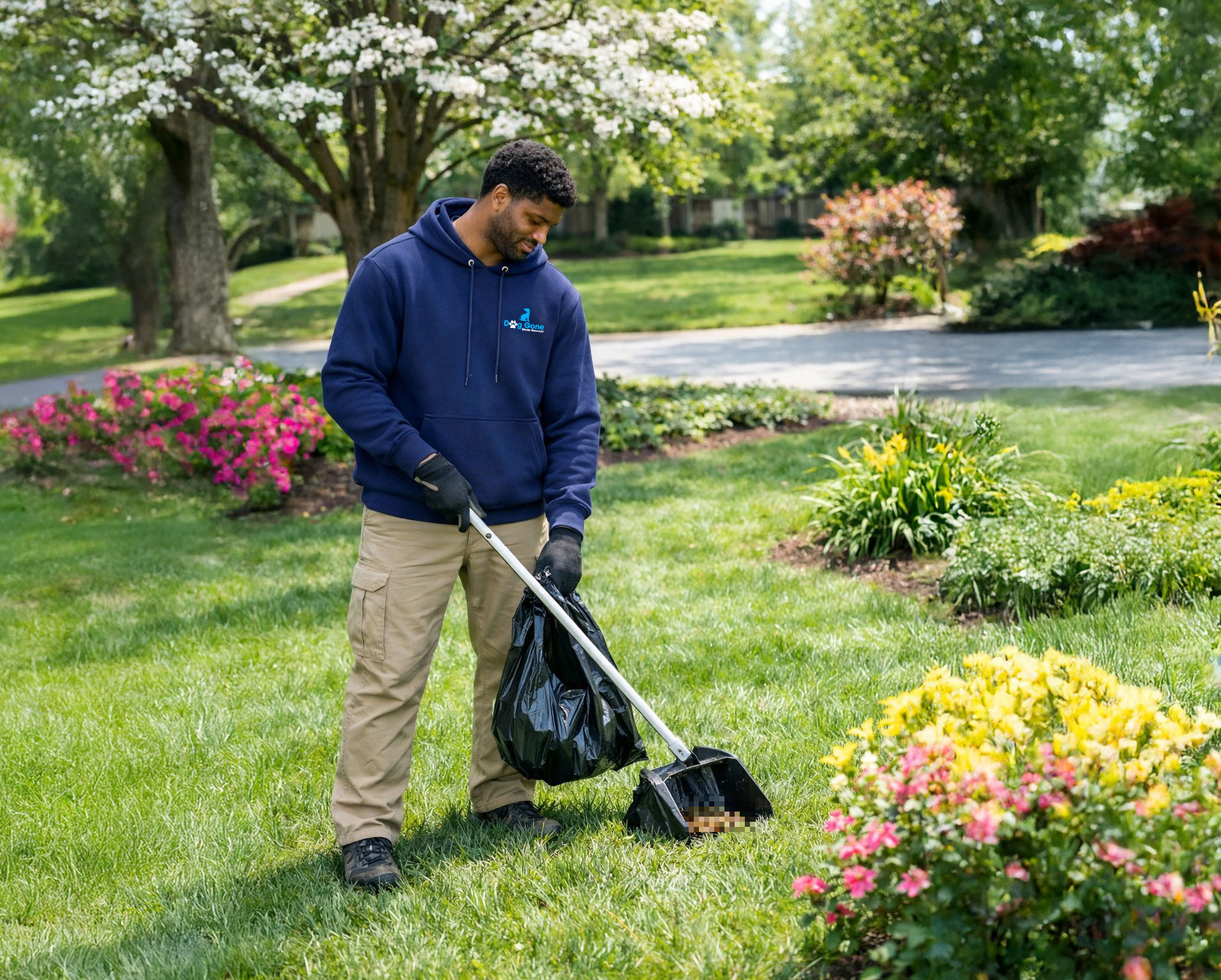 Dog Gone Waste Removal team member cleaning up pet waste in a well-maintained residential yard, using a scoop and collection bag while standing on a green lawn surrounded by colorful landscaping and flowering trees.