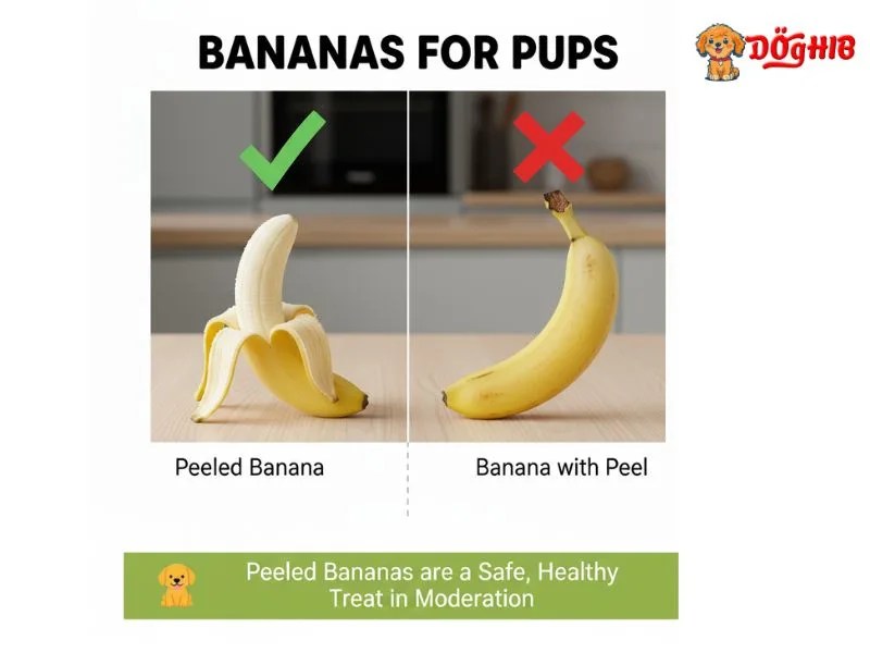 , , Side by side comparison showing peeled banana with green checkmark vs banana with peel with red X, , DogHIB,