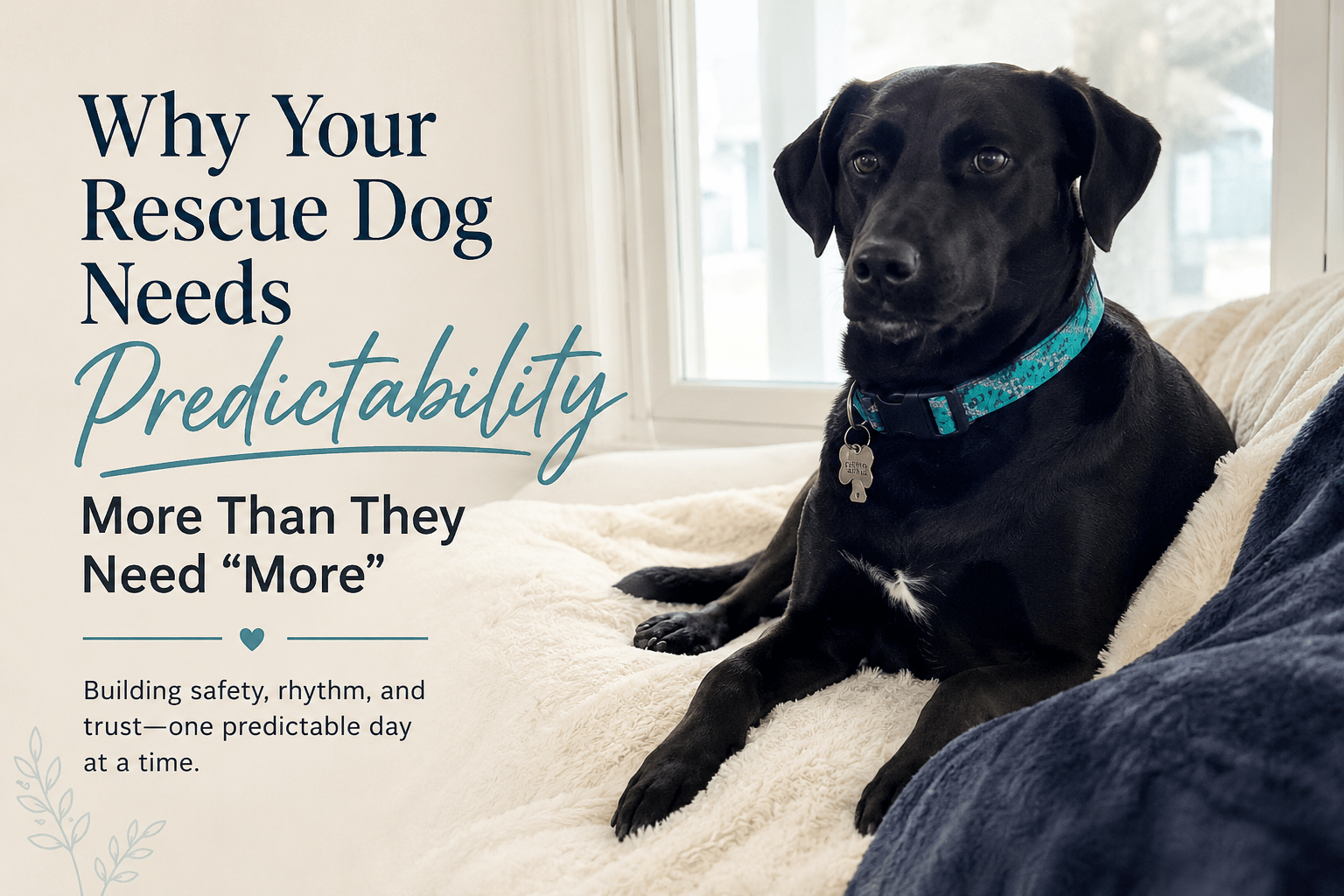 Black rescue dog lying calmly on a couch cushion — text reads "Why Your Rescue Dog Needs Predictability More Than They Need More"