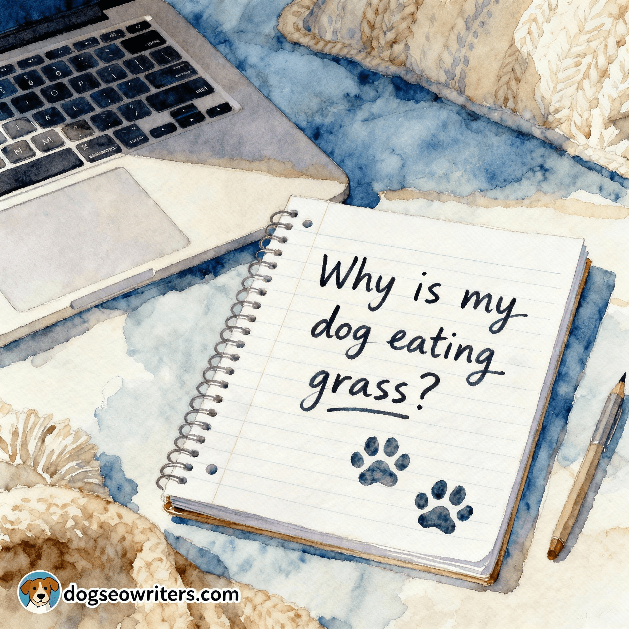 a table with a notebook on it with a dog question beside a laptop computer