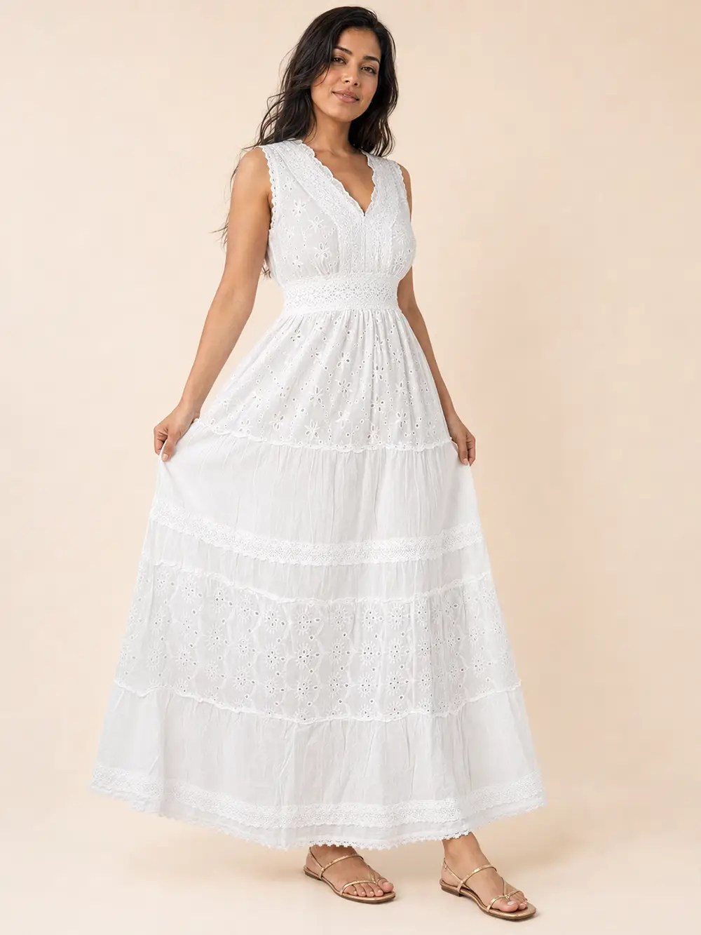 Alternative view of Vestido Blanco Maxi con Escote V y Bordado Inglés