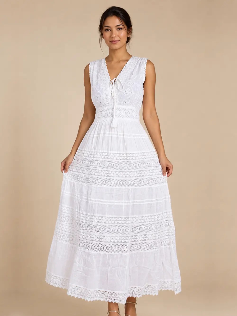 Vestido Blanco Largo sin Mangas con Encaje