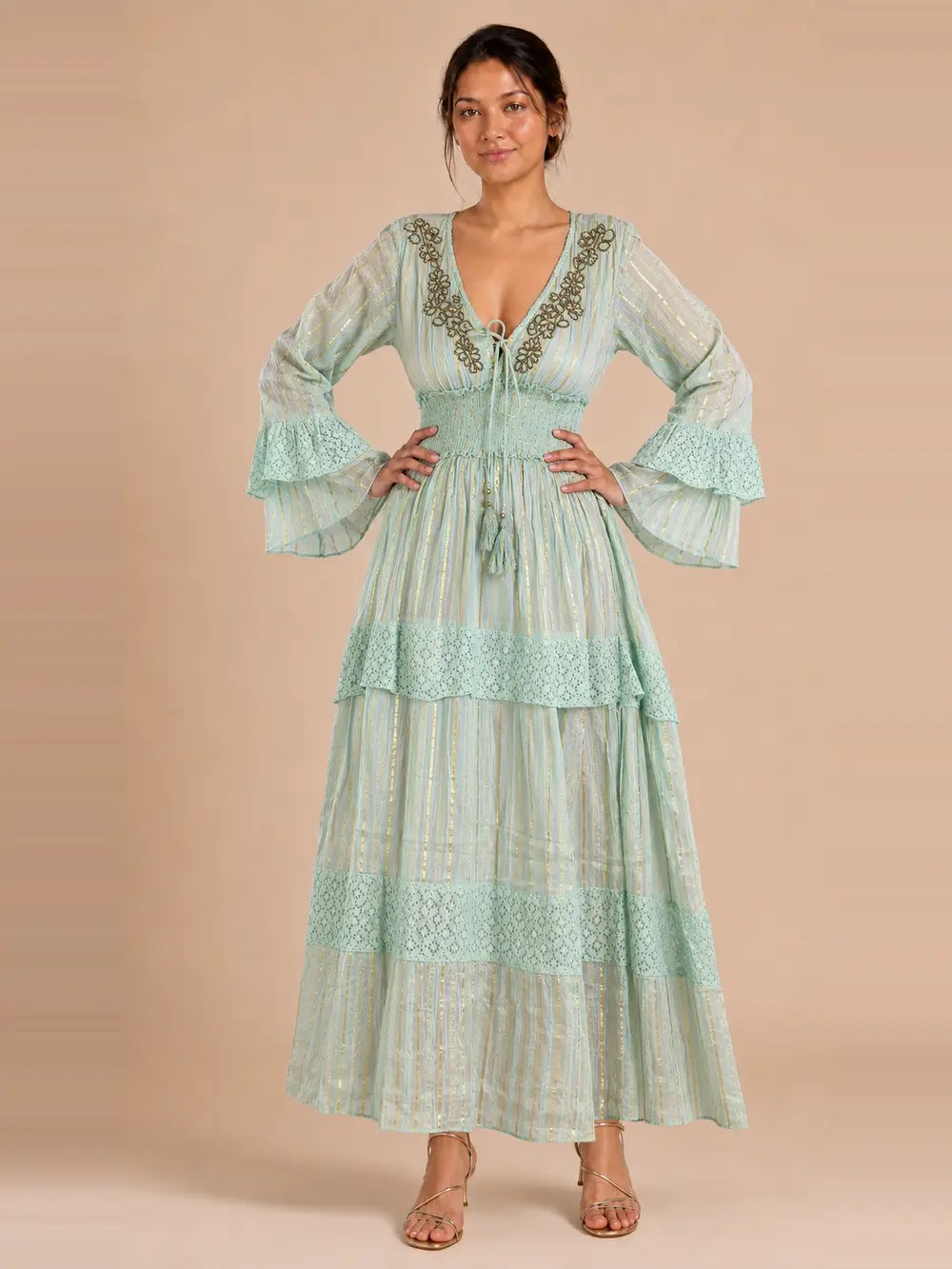 Vestido Maxi Lurex de Algodón – Verde Menta