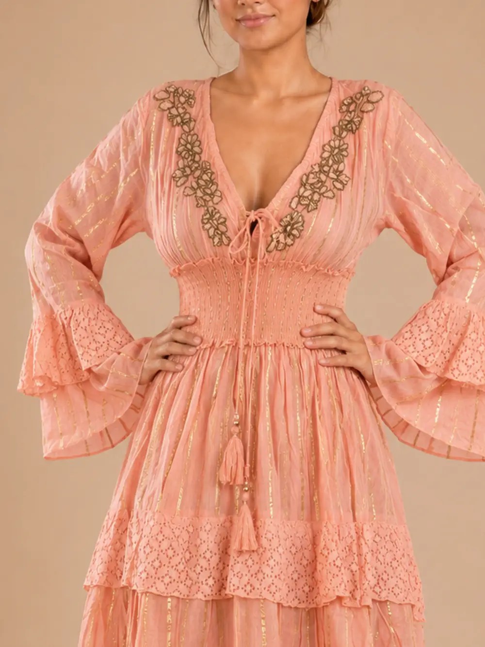 Vestido Maxi Lurex de Algodón – Rosa Damasco