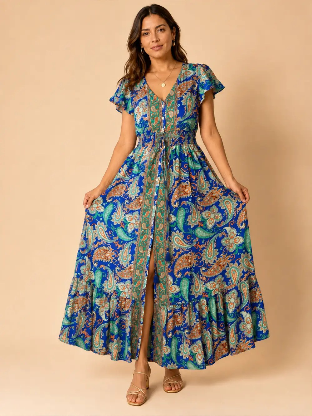 Vestido Largo de Seda Boho Paisley – Azul