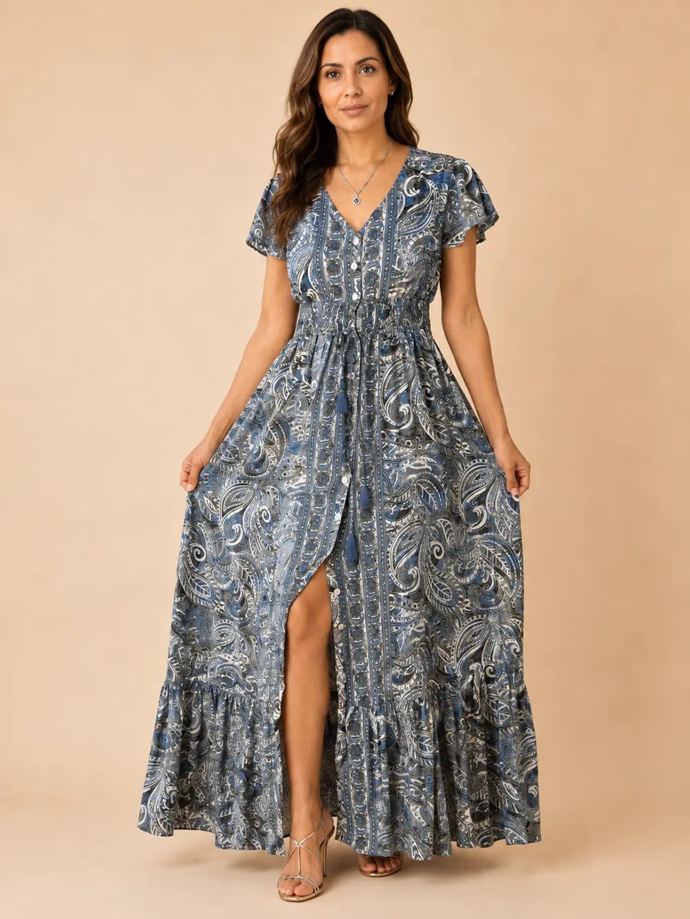 Vestido Largo de Seda Boho Paisley – Gris