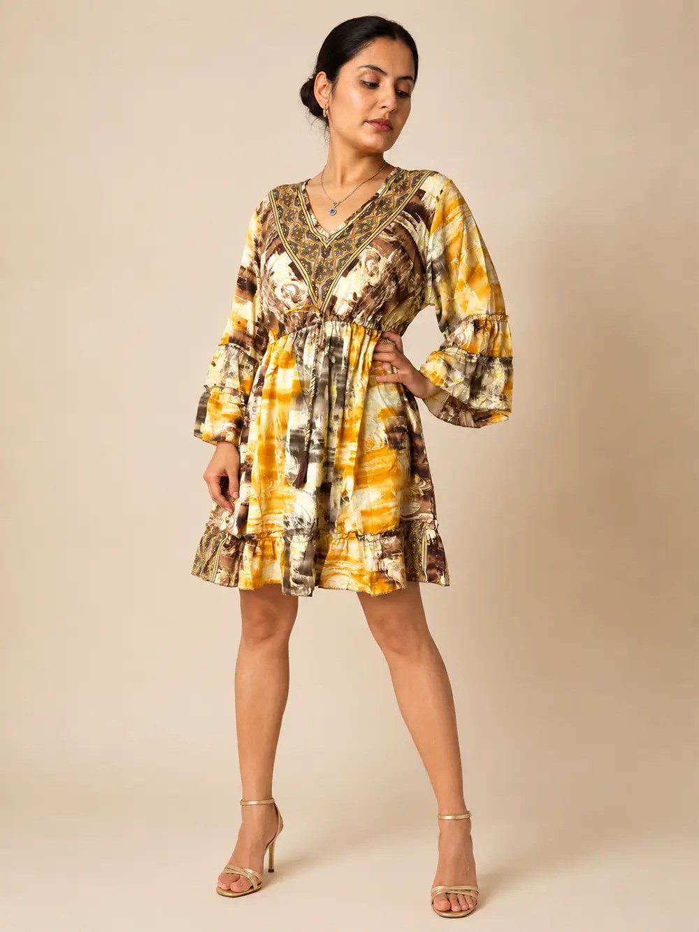 Vestido Corto de Seda Estampado – Valentina – Amarillo