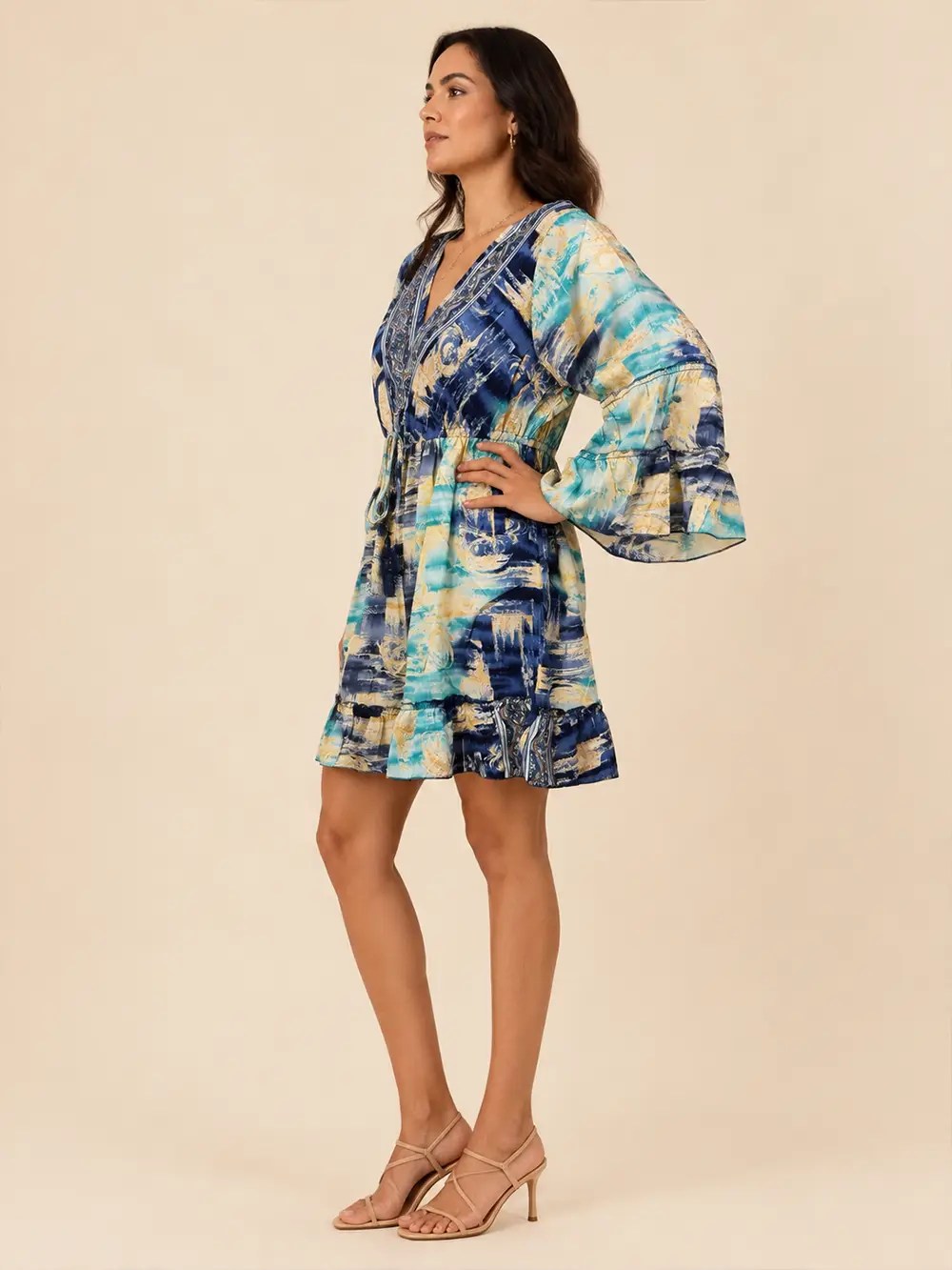 Vestido Corto de Seda Estampado – Valentina – Celeste