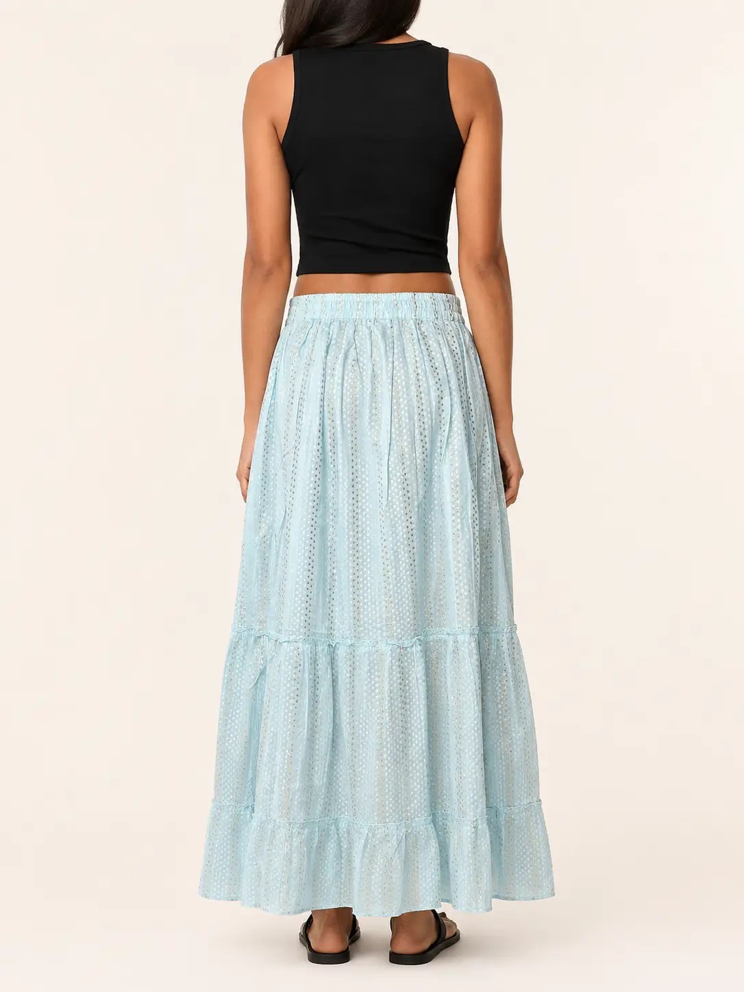 Falda Larga Boho Celeste de Algodón con Líneas Doradas