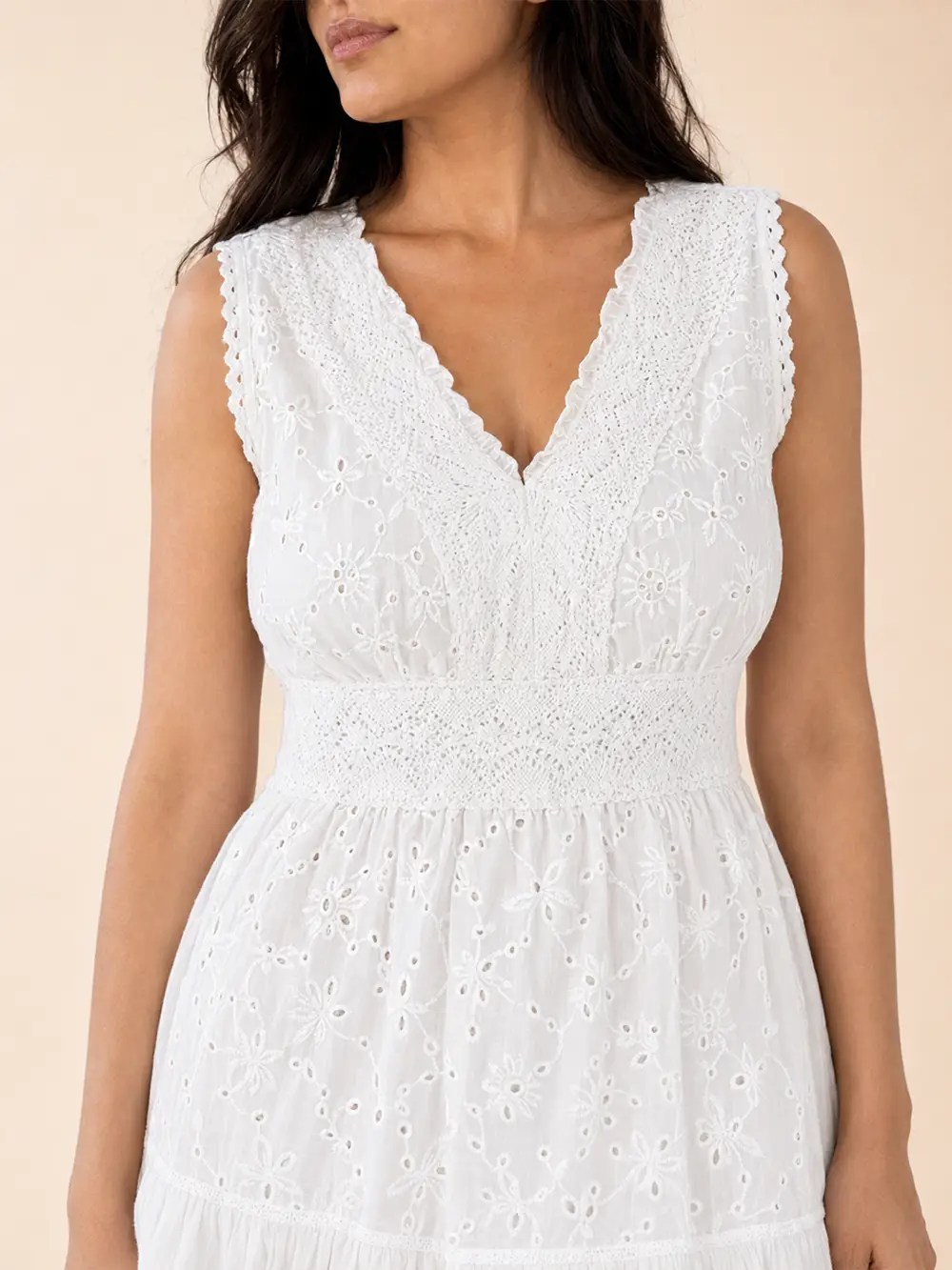 Vestido Blanco Largo Broderie con Escote V