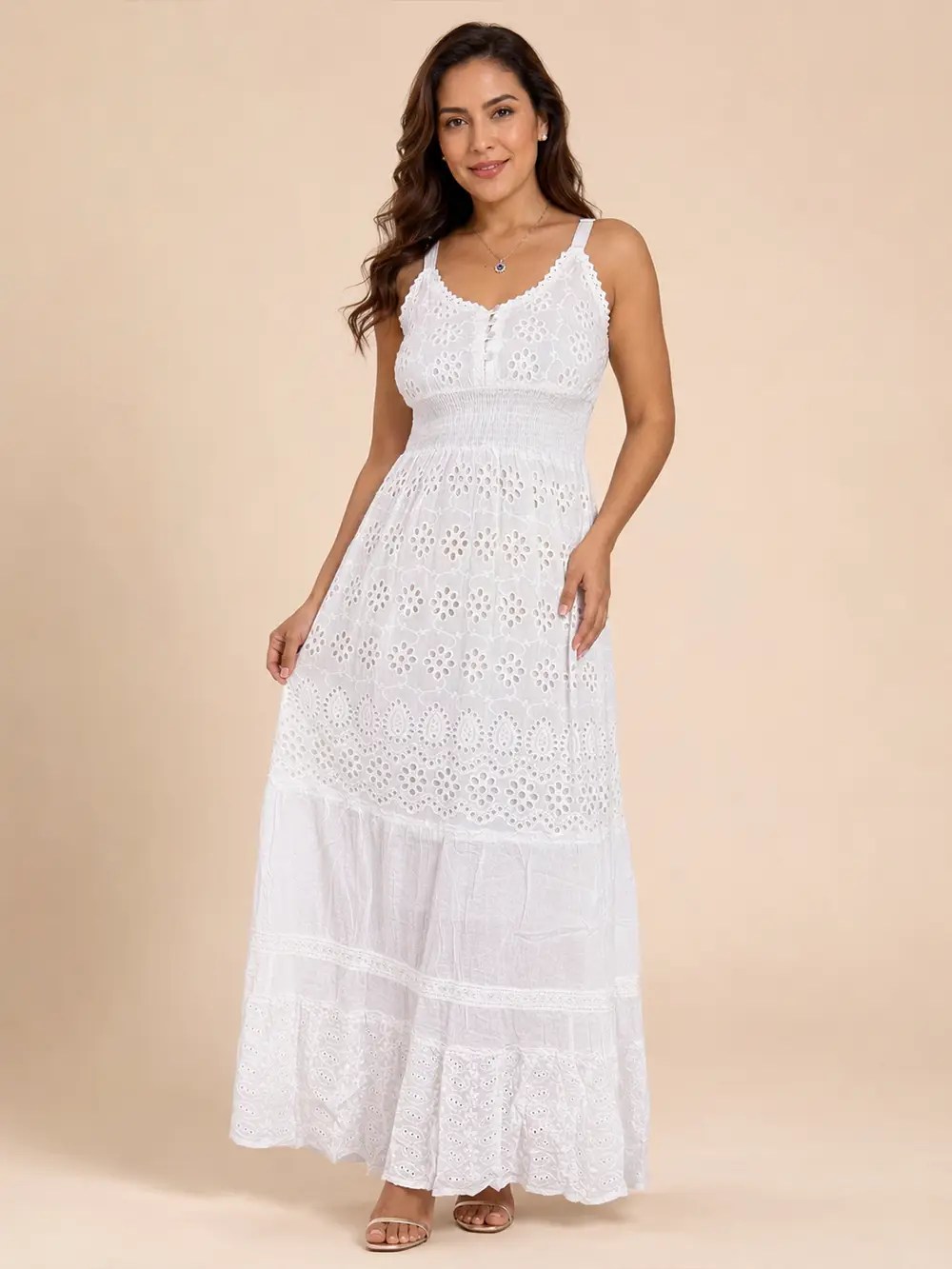 Alternative view of Vestido Blanco Largo Bordado con Cintura Elasticada