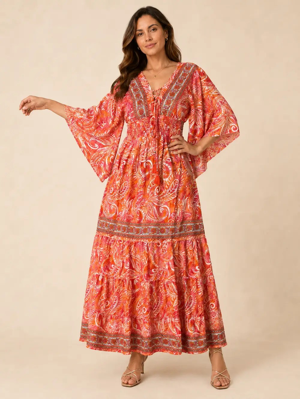 Vestido Largo Boho Paisley en Poly Seda – Naranja