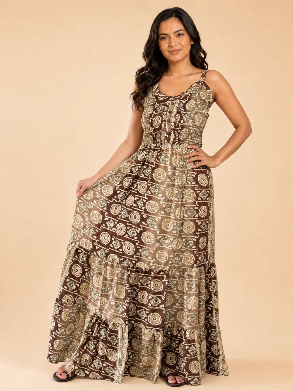 Vestido Largo Boho Floral Poly Seda con Tirantes Ajustables – Café