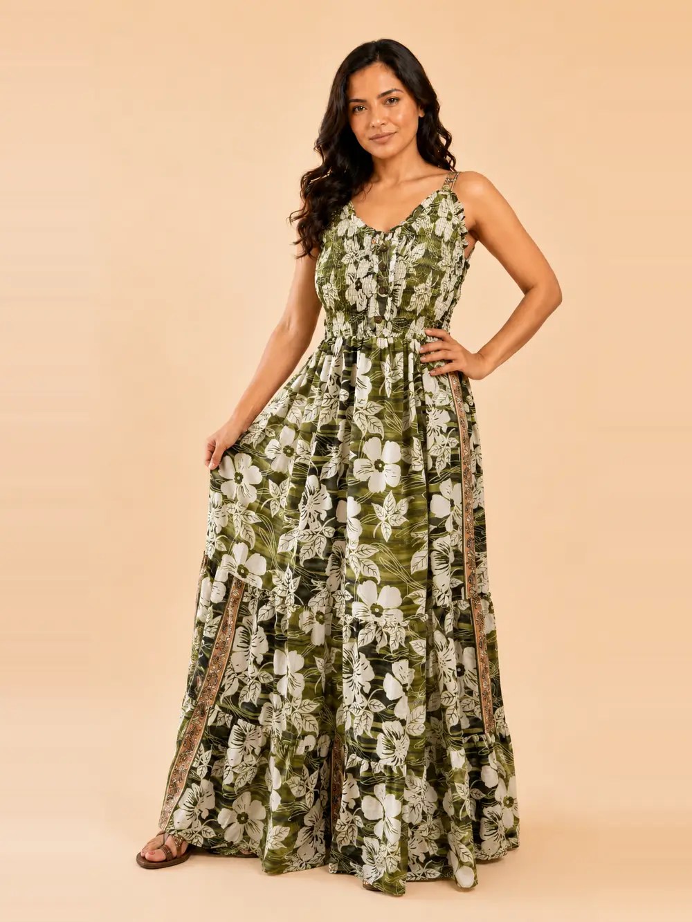 Vestido Largo Boho Floral Poly Seda con Tirantes Ajustables – Verde