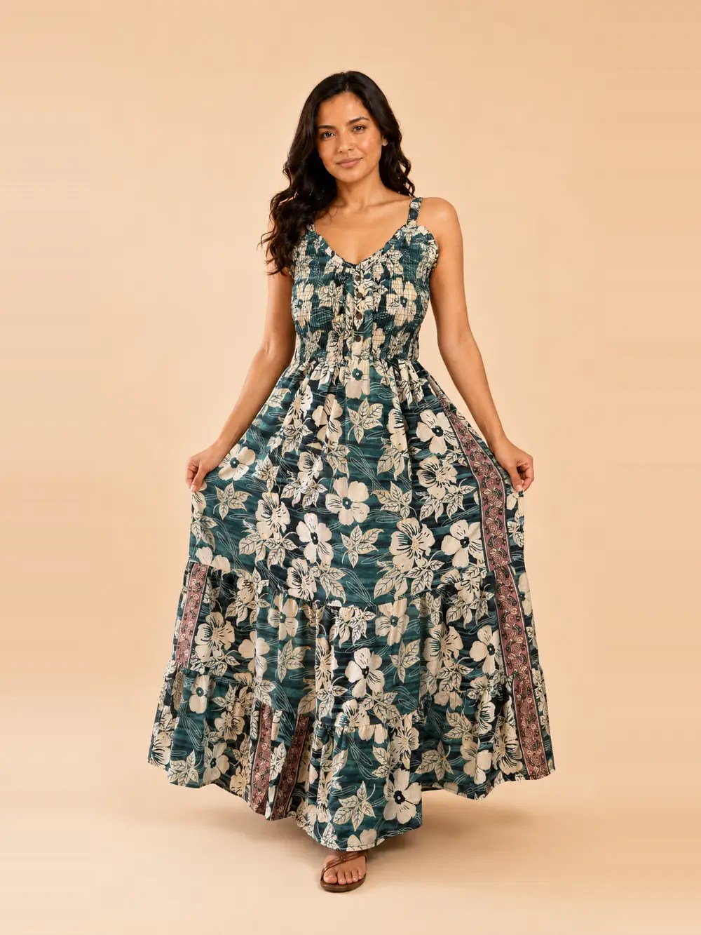 Vestido Largo Boho Floral Poly Seda con Tirantes Ajustables