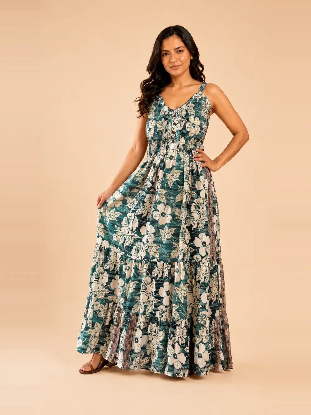 Vestido Largo Boho Floral Poly Seda con Tirantes Ajustables – Verde Agua