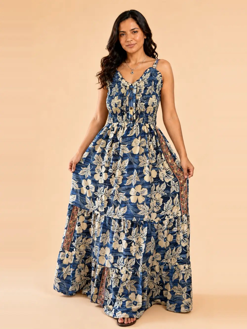 Vestido Largo Boho Floral Poly Seda con Tirantes Ajustables – Celeste