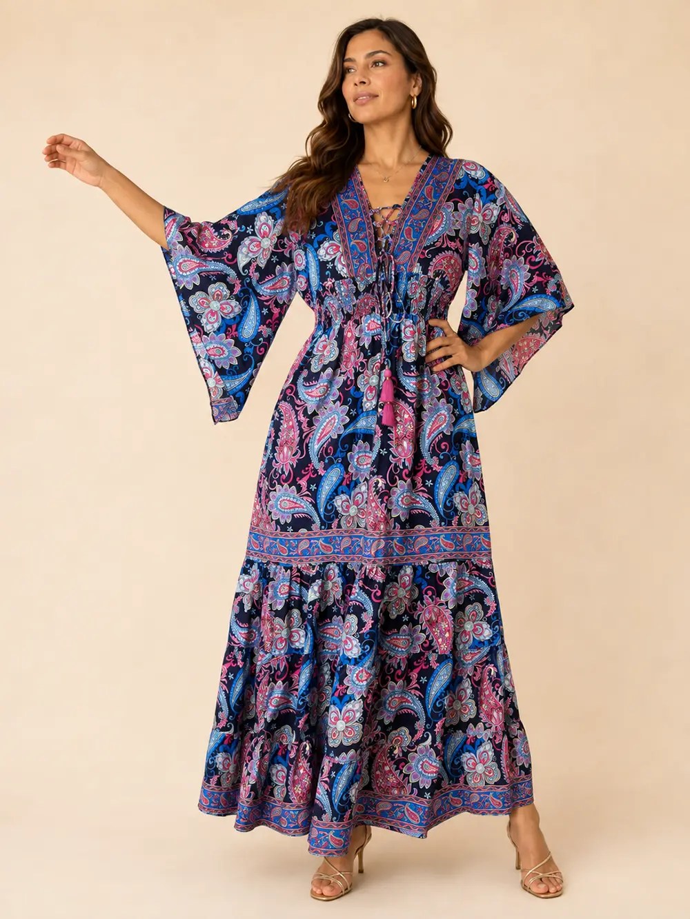 Vestido Largo Boho Paisley en Poly Seda – Morado