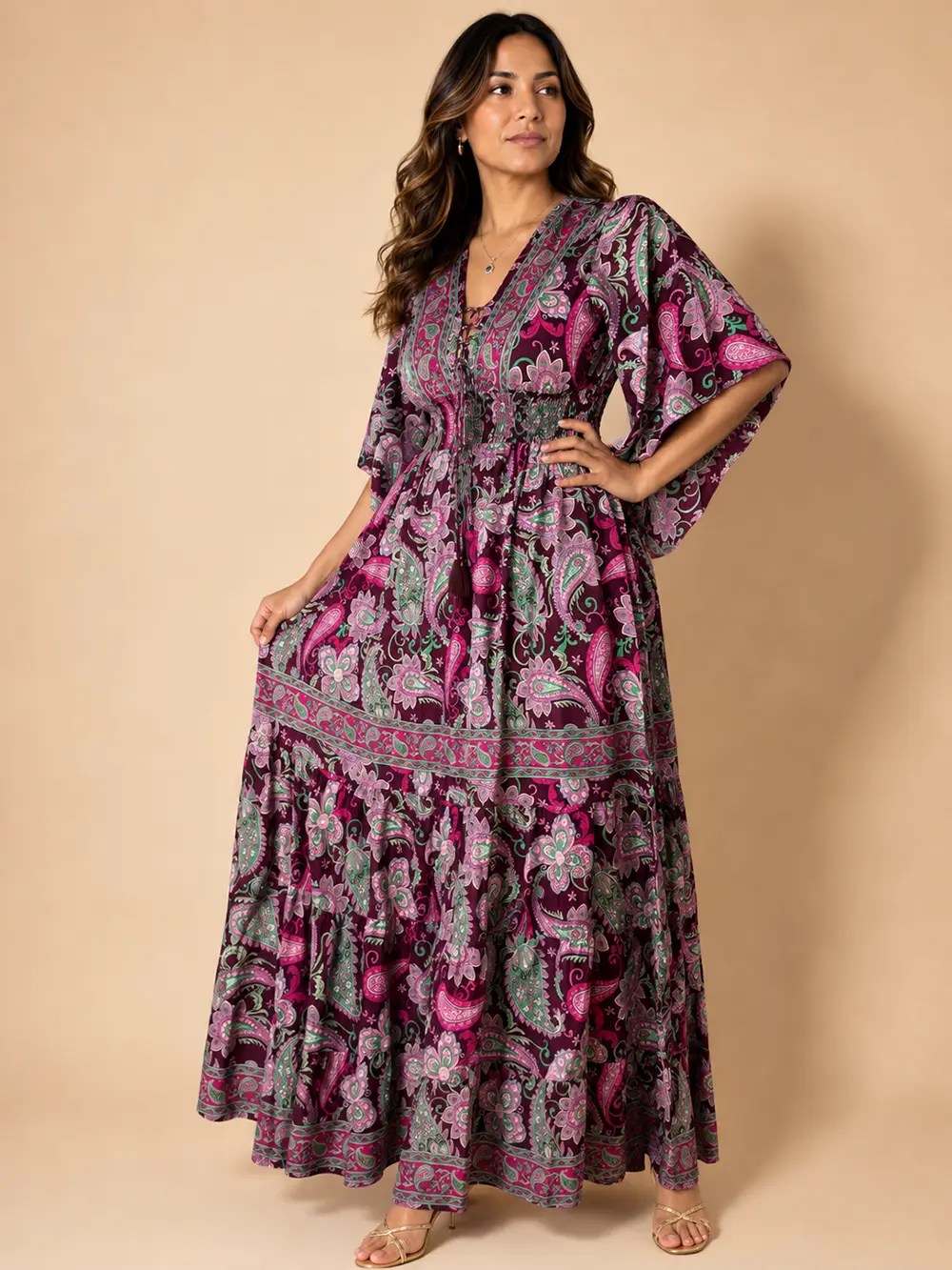 Vestido Largo Boho Paisley en Poly Seda – Burdeo