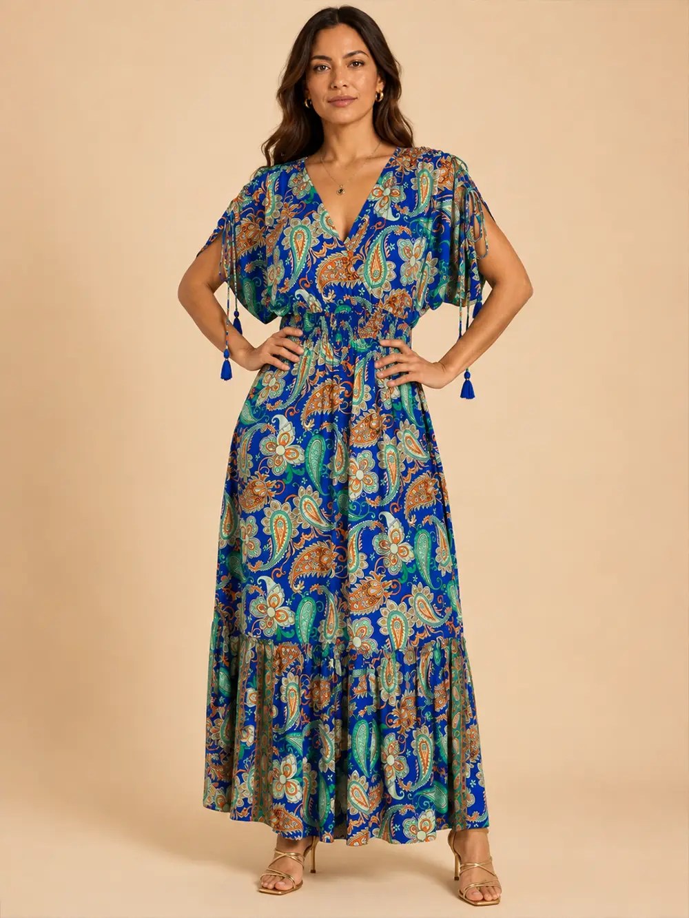 Vestido Largo Boho Paisley Poly Seda – Azul