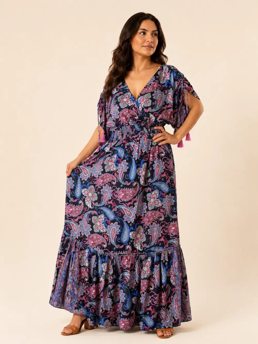 Vestido Largo Boho Paisley Poly Seda – Morado