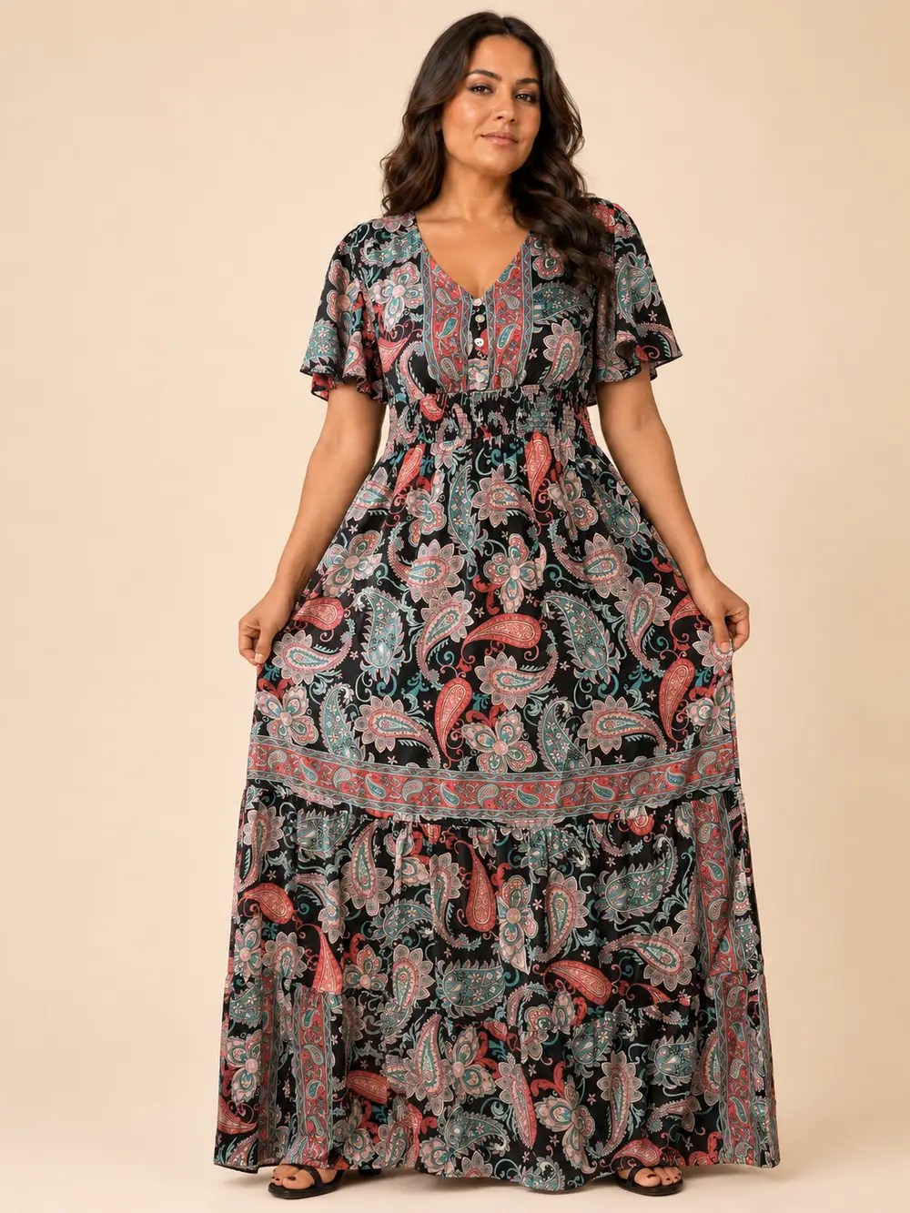 Vestido Largo Boho Paisley Poly Seda con Manga Volante – Rojo