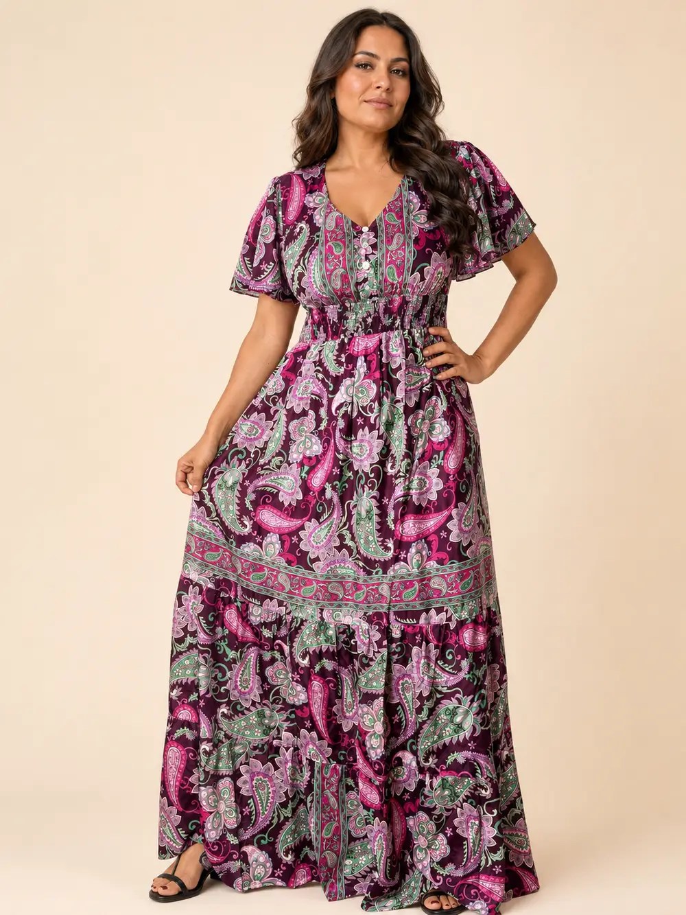 Vestido Largo Boho Paisley Poly Seda con Manga Volante – Morado