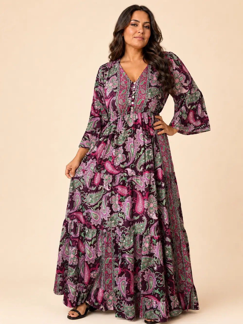 Vestido Largo Boho Paisley Poly Seda Manga 3/4 – Morado