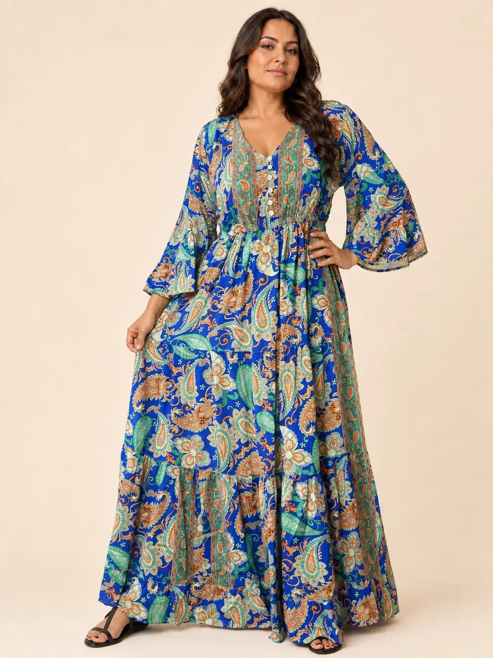 Vestido Largo Boho Paisley Poly Seda Manga 3/4 – Azul