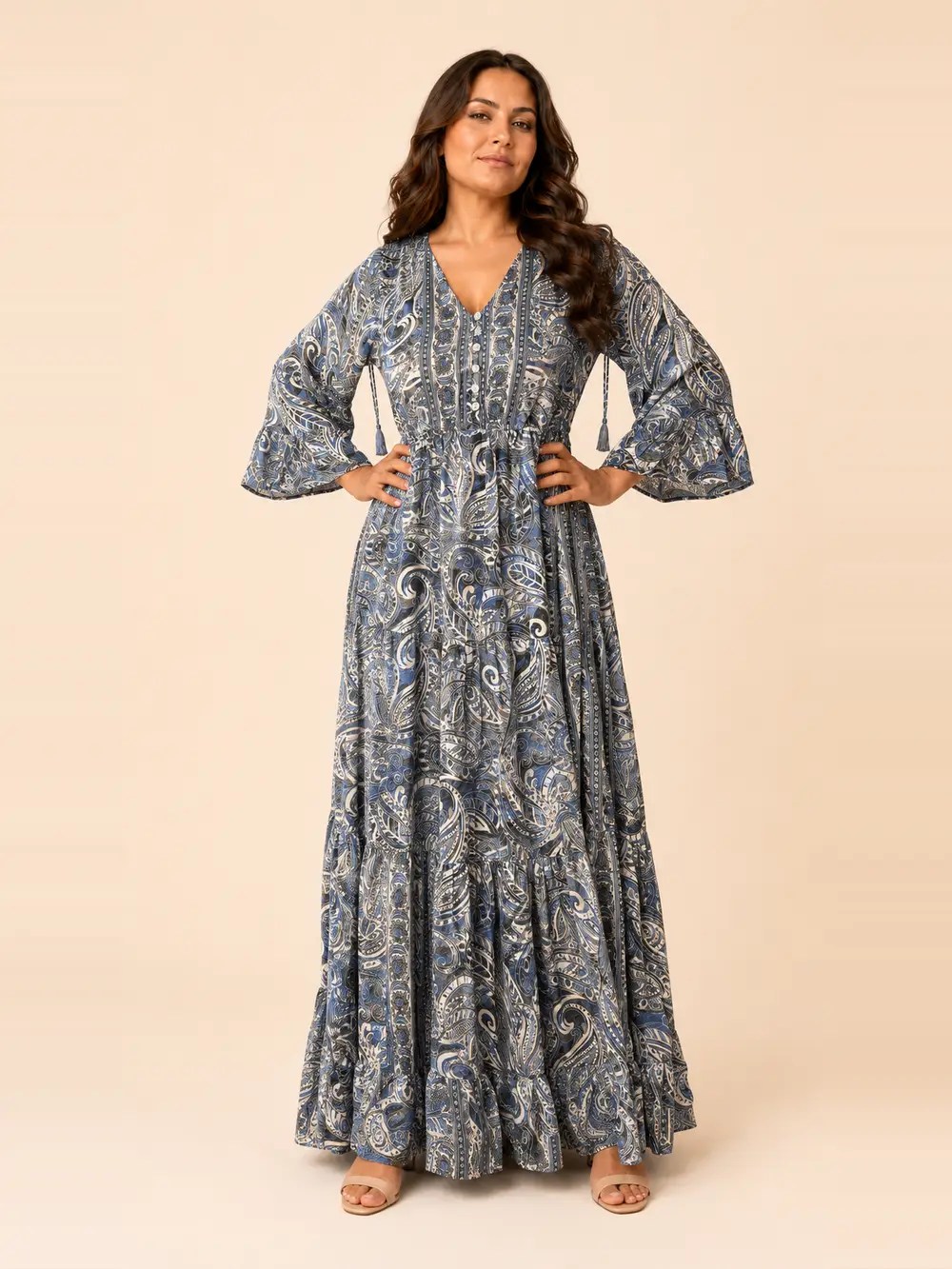 Vestido Largo Boho Paisley Poly Seda Manga 3/4 – Gris