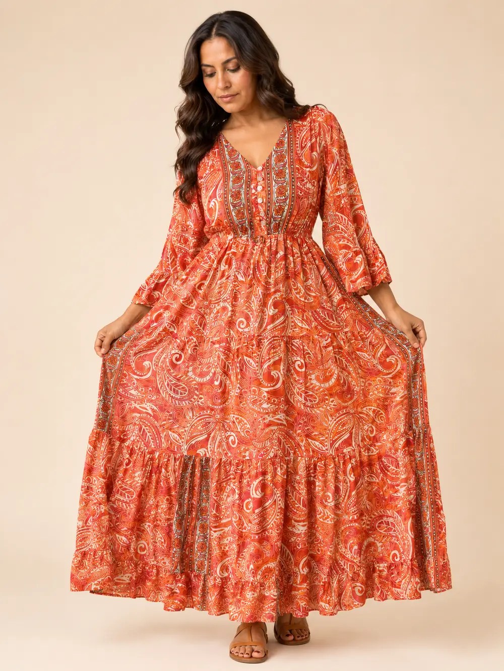 Vestido Largo Boho Paisley Poly Seda Manga 3/4 – Naranja