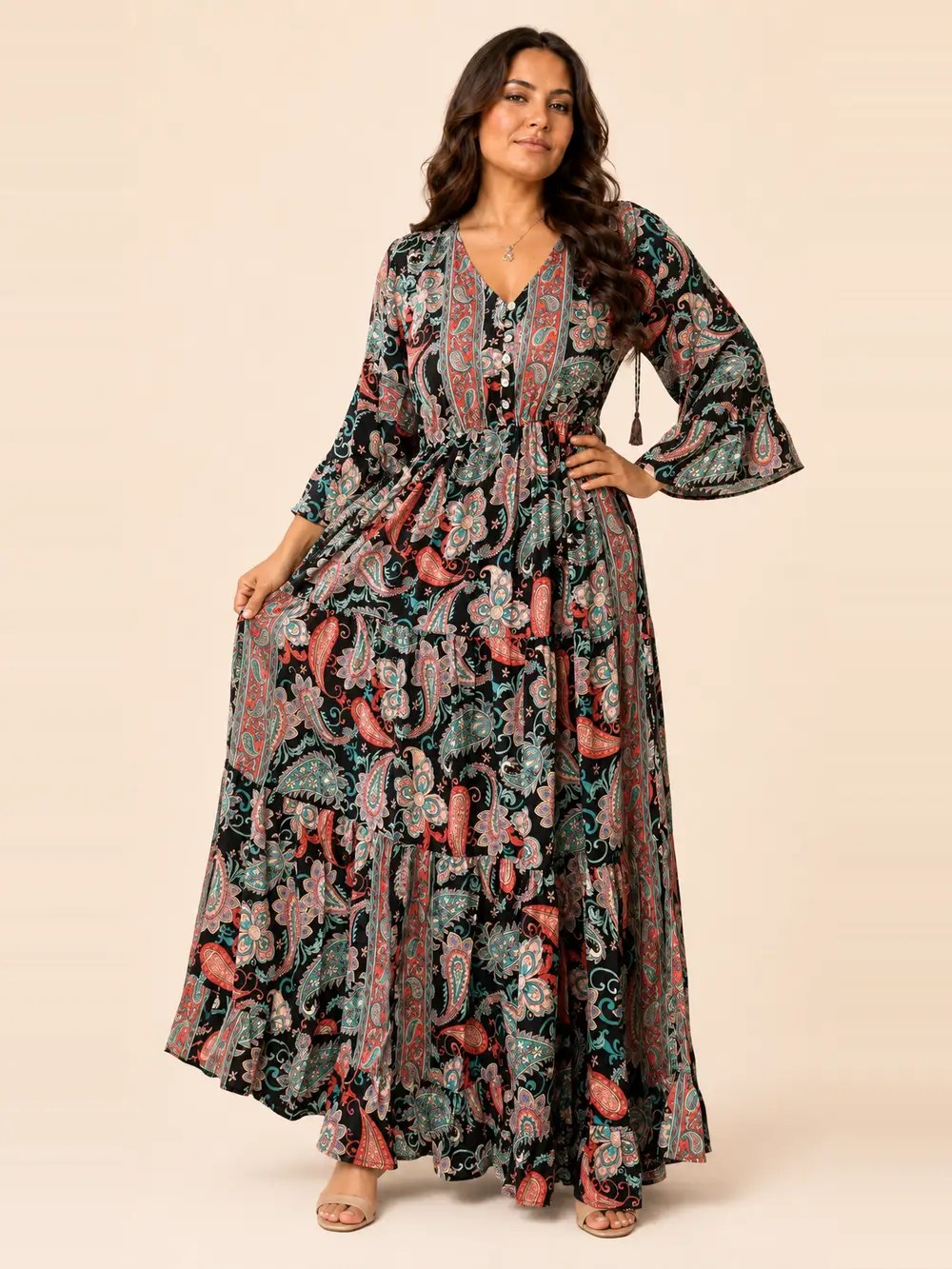 Vestido Largo Boho Paisley Poly Seda Manga 3/4 – Rojo