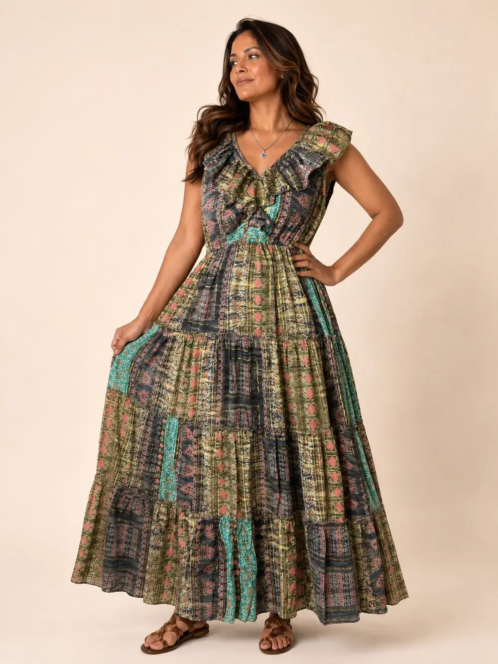 Vestido Largo Boho Poly Seda con Vuelos – Verde