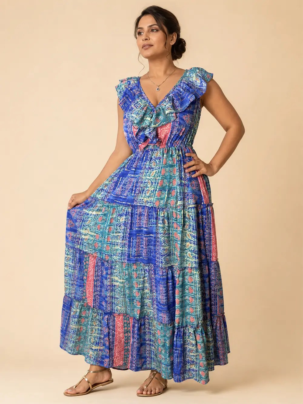 Vestido Largo Boho Poly Seda con Vuelos – Azul