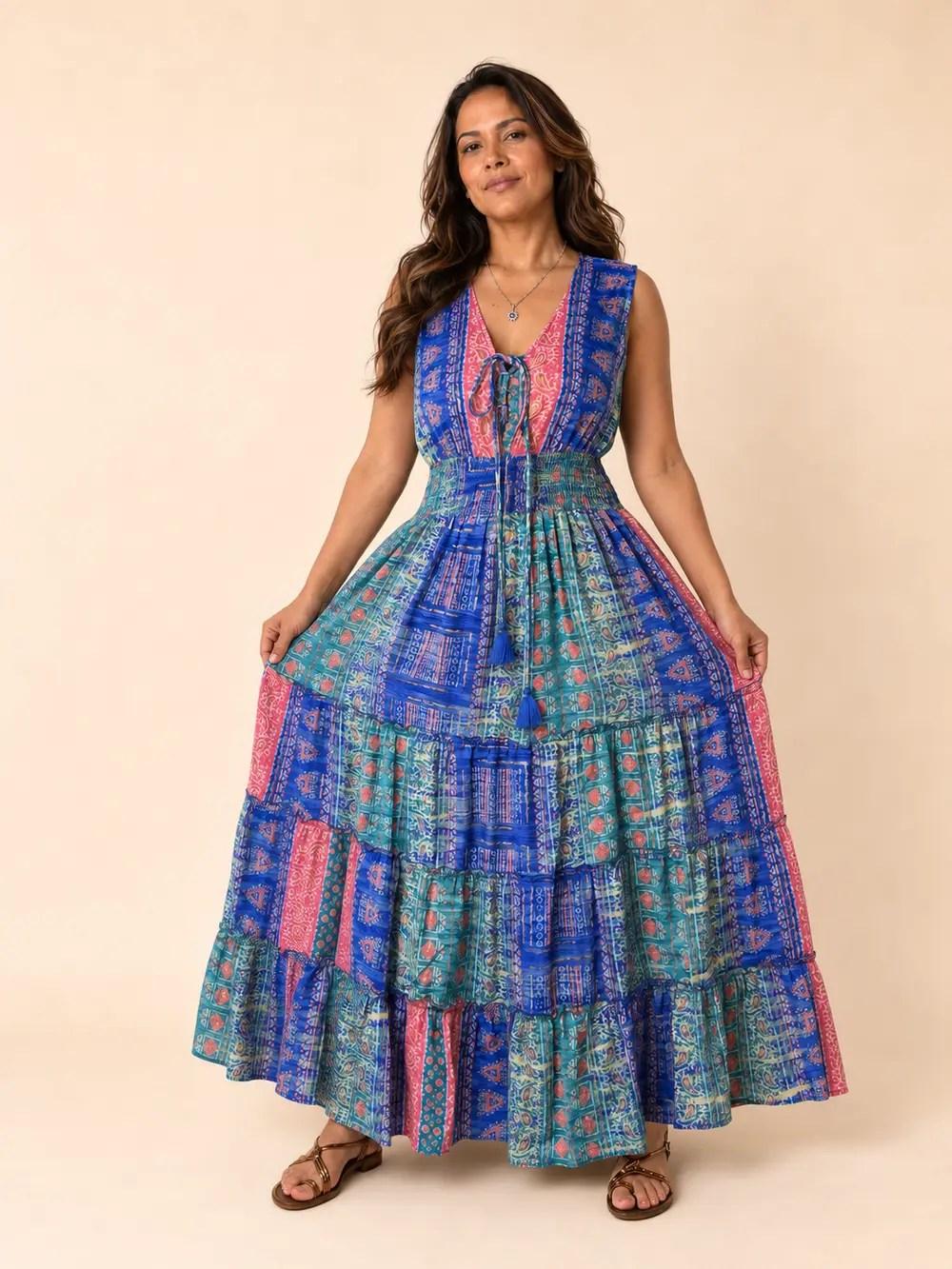 Vestido Largo Boho Patchwork en Seda – Azul