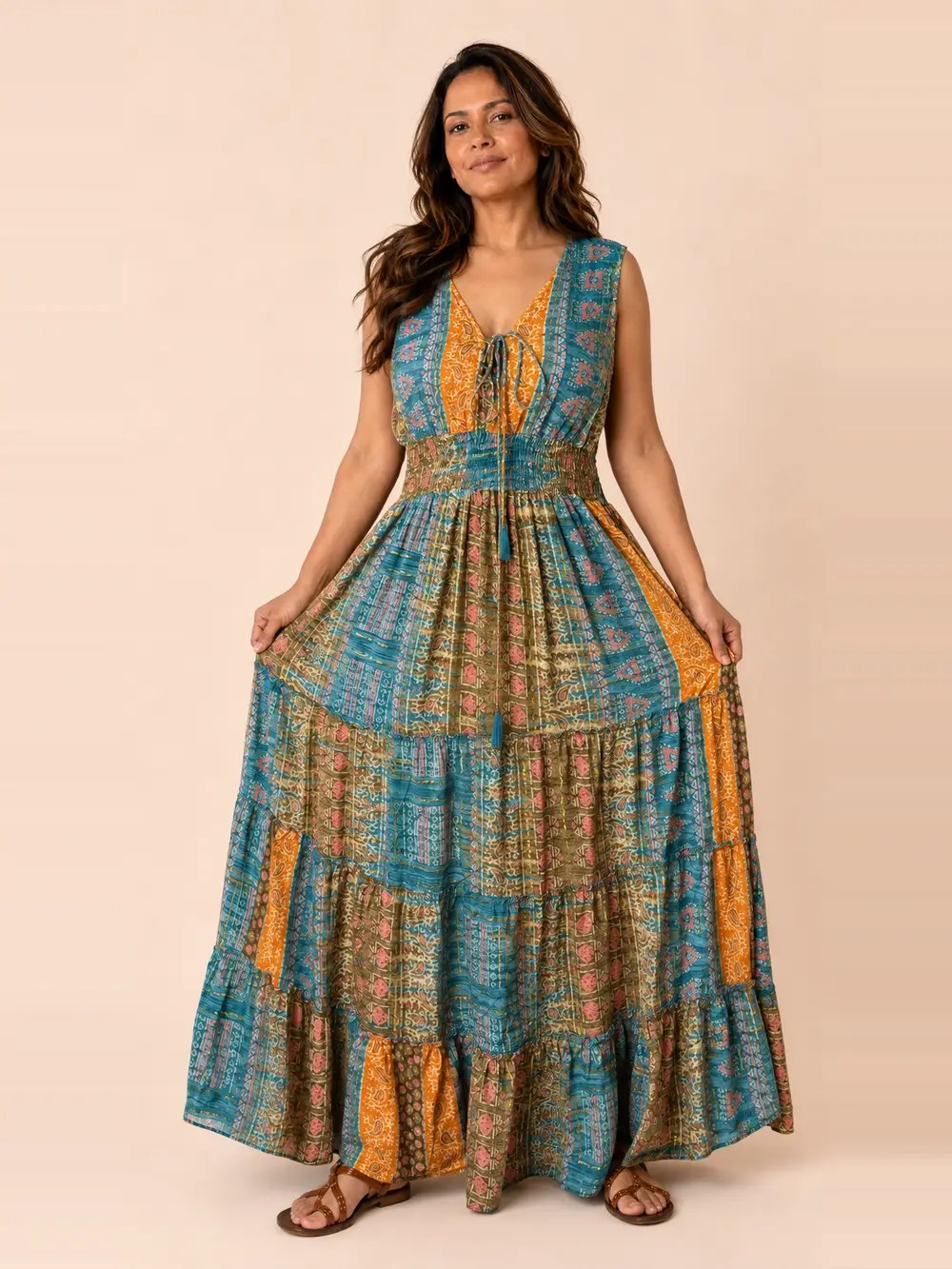 Vestido Largo Boho Patchwork en Seda – Verde